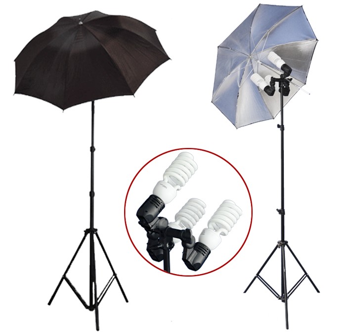 1200 Watt Photo Studio 3 Bulb Holder Lighting Kit Photo Video / 6 x 45w Bulbs / 2 Black Silver Umbrella Reflector