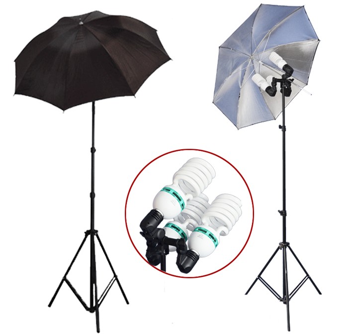 2300 Watt Photo Studio 3 Bulb Holder Lighting Kit Photo Video / 6 x 85w Bulbs / 2 Black-Silver Umbrella Reflector