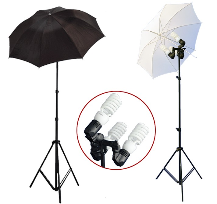 1200 Watt Photo Studio 3 Bulb Holder Lighting Kit Photo Video / 6 x 45w Bulbs / 1 White Umbrella / 1 Black Umbrella