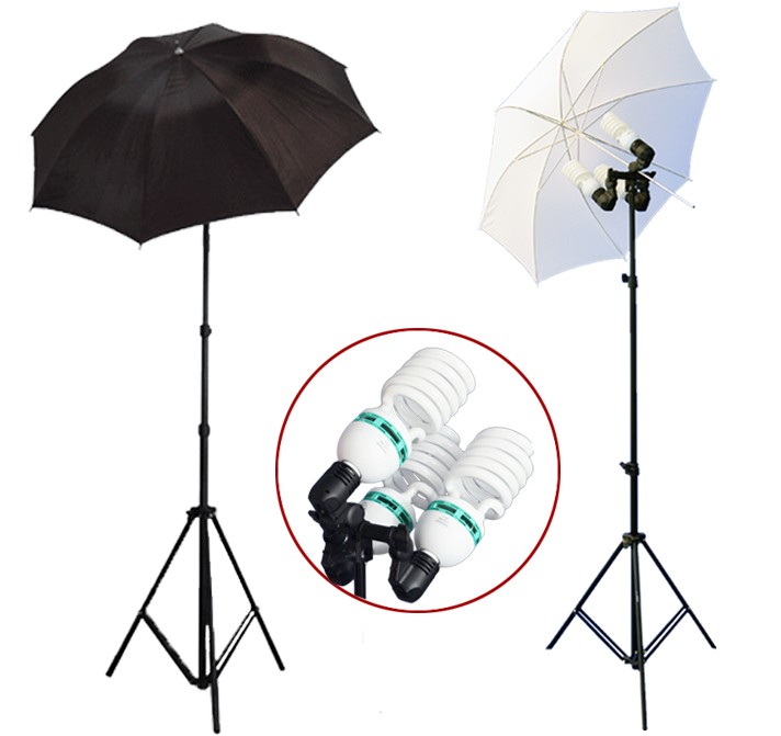 2300 Watt Photo Studio 3 Bulb Holder Lighting Kit Photo Video / 6 x 85w Bulbs / 1 White Umbrella / 1 Black Umbrella