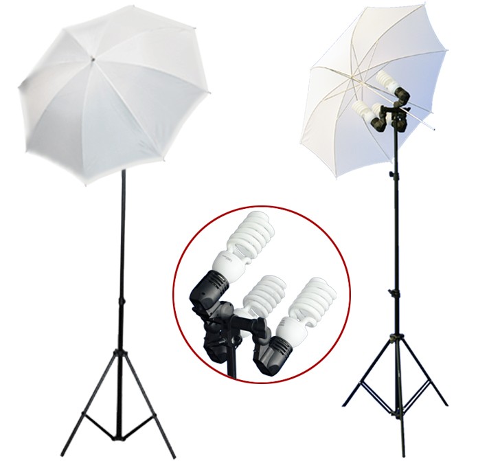 1200 Watt Photo Studio 3 Bulb Holder Lighting Kit Photo Video / 6 x 45w Bulbs / 2 White Umbrella