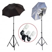 1200 Watt Photo Studio 3 Bulb Holder Lighting Kit Photo Video / 6 x 45w Bulbs / 2 Black Silver Umbrella Reflector